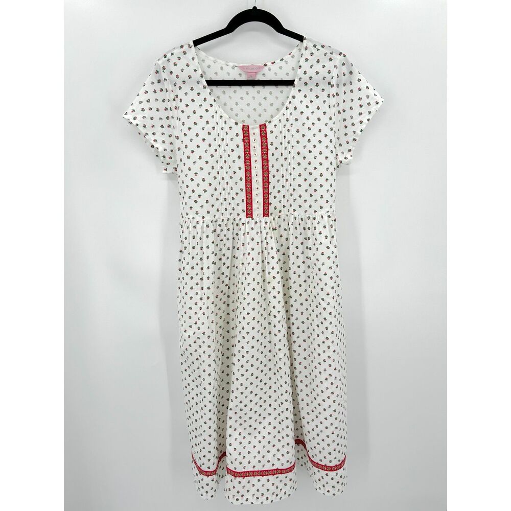 APRIL CORNELL Vintage White Red Floral Pleated Prairie Cottage Midi Dress Medium